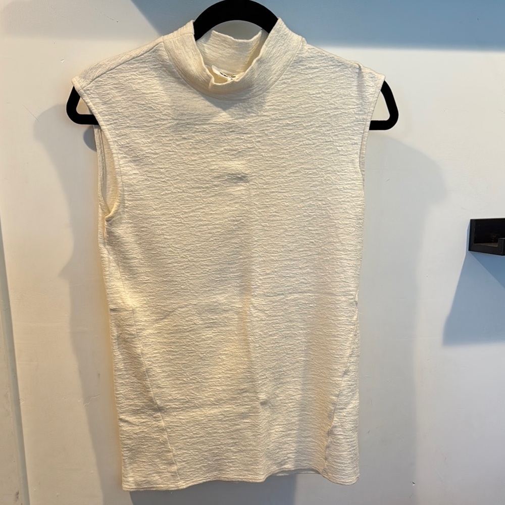 Helmut Lang Cream Muscle Tee with Mock Neck and Sleeveless Design
